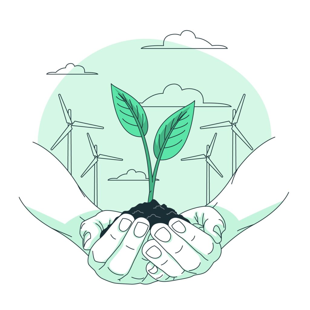 Illustration av två händer som håller jord där en växt växer ur den. I bakgrunden finns det fyra vindkraftverk och moln.